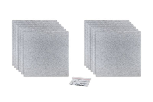 ProSoCoustic ProSo-PET 24”x24” 12-Pack Soft Gray includes (12) 24”x24” panels each with adhesive-backed hook-and-loop mounting squares.