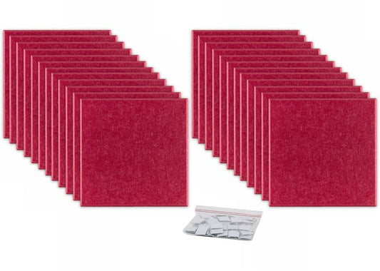 ProSoCoustic ProSo-PET 12”x12” 24-Pack Cherry includes (24) 12”x12” panels each with adhesive-backed hook-and-loop mounting squares.