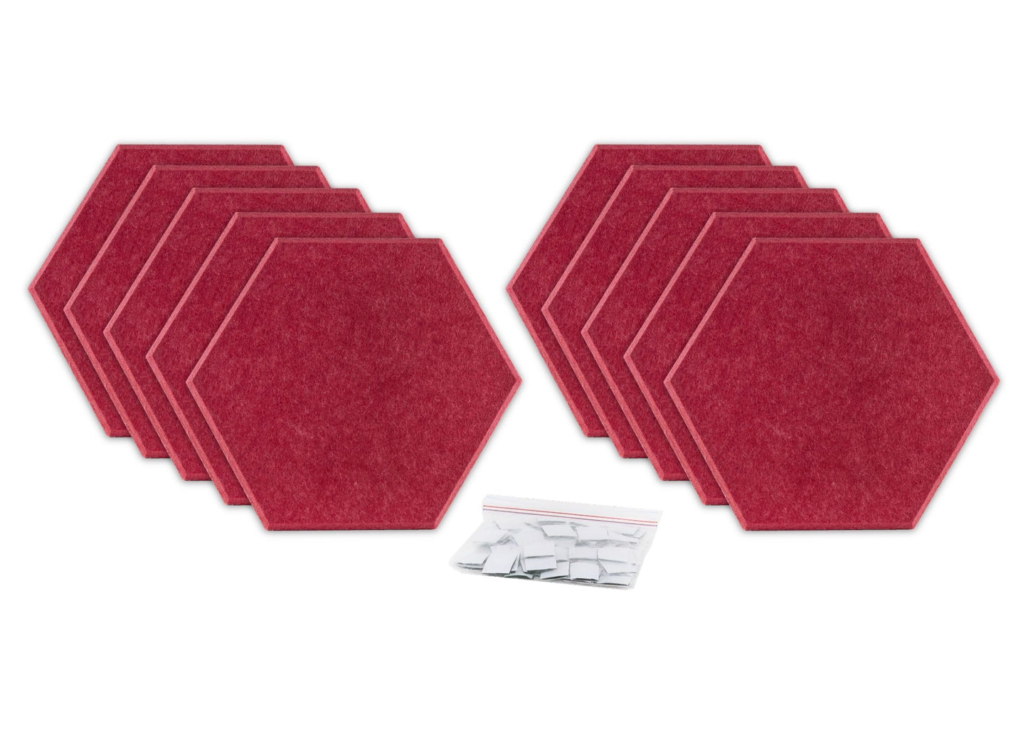 ProSoCoustic ProSo-PET Hex 10-Pack Cherry includes (10) 10” hex panels each with adhesive-backed hook-and-loop mounting squares.