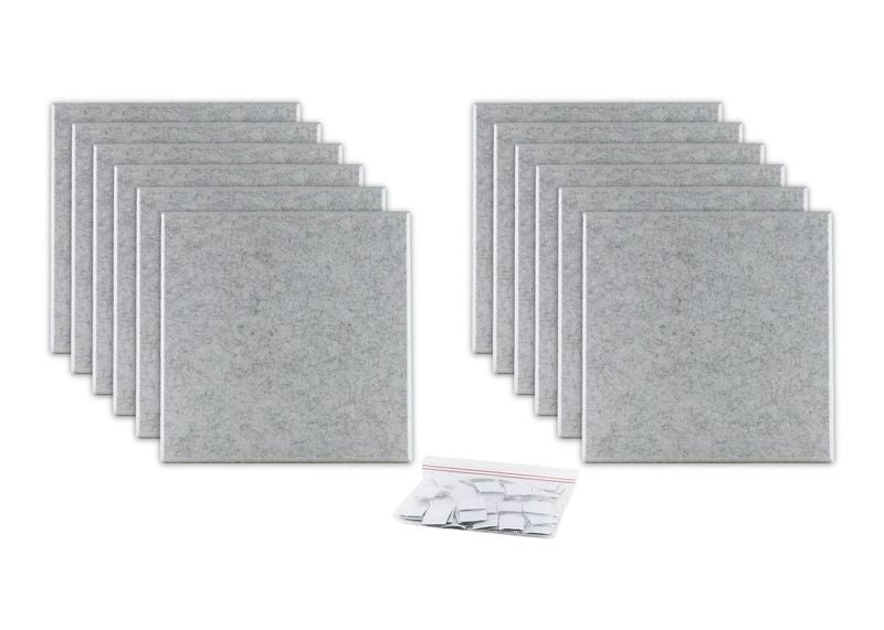 ProSoCoustic ProSo-PET 12”x12” 12-Pack Soft Gray includes (12) 12”x12” panels each with adhesive-backed hook-and-loop mounting squares.