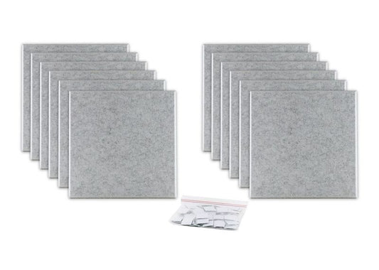 ProSoCoustic ProSo-PET 12”x12” 12-Pack Soft Gray includes (12) 12”x12” panels each with adhesive-backed hook-and-loop mounting squares.