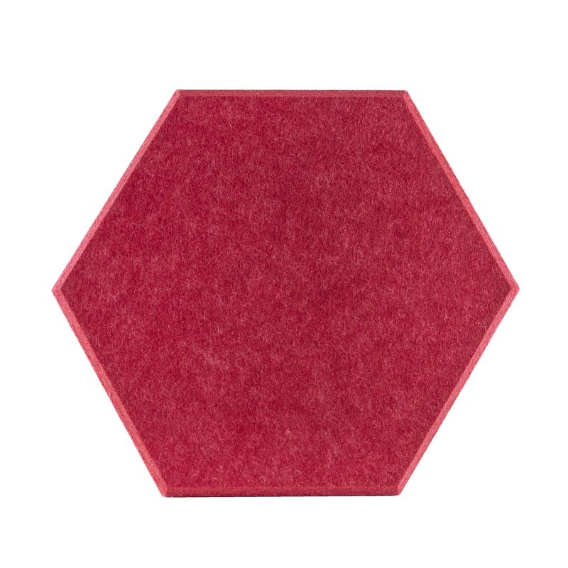 ProSoCoustic ProSo-PET Hex 10-Pack Cherry includes (10) 10” hex panels each with adhesive-backed hook-and-loop mounting squares.