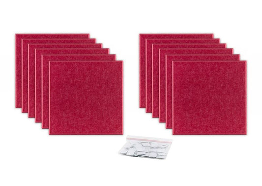 ProSoCoustic ProSo-PET 12”x12” 12-Pack Cherry includes (12) 12”x12” panels each with adhesive-backed hook-and-loop mounting squares.