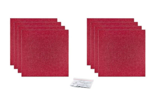 ProSoCoustic ProSo-PET 24”x24” 8-Pack Cherry includes (8) 24”x24” panels each with adhesive-backed hook-and-loop mounting squares.