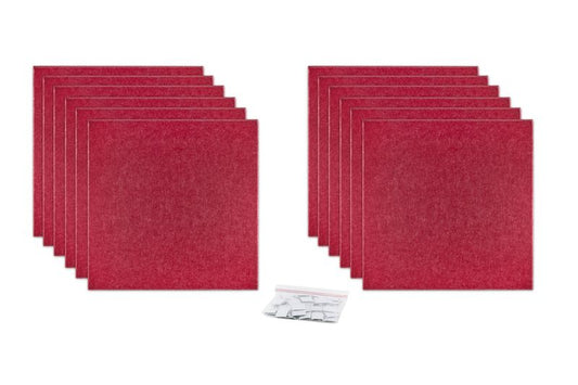 ProSoCoustic ProSo-PET 24”x24” 12-Pack Cherry includes (12) 24”x24” panels each with adhesive-backed hook-and-loop mounting squares.