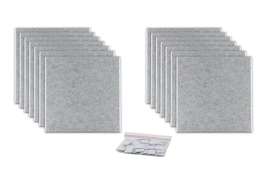 ProSoCoustic ProSo-PET 12”x12” 14-Pack Soft Gray includes (14) 12”x12” panels each with adhesive-backed hook-and-loop mounting squares.