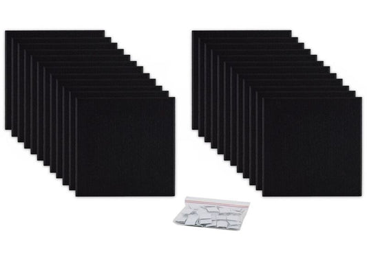 ProSoCoustic ProSo-PET 12”x12” 24-Pack Black includes (24) 12”x12” panels each with adhesive-backed hook-and-loop mounting squares.