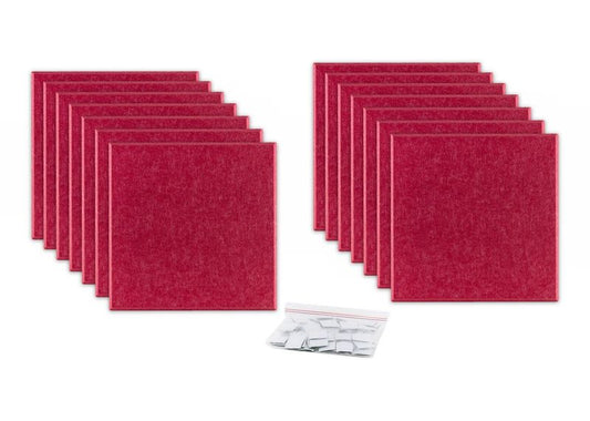 ProSoCoustic ProSo-PET 12”x12” 14-Pack Cherry includes (14) 12”x12” panels each with adhesive-backed hook-and-loop mounting squares.