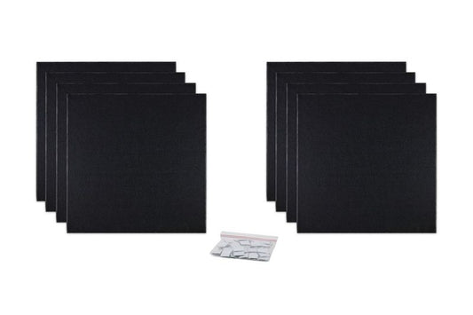 ProSoCoustic ProSo-PET 24”x24” 8-Pack Black includes (8) 24”x24” panels each with adhesive-backed hook-and-loop mounting squares.