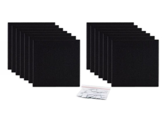 ProSoCoustic ProSo-PET 12”x12” 14-Pack Black includes (14) 12”x12” panels each with adhesive-backed hook-and-loop mounting squares.