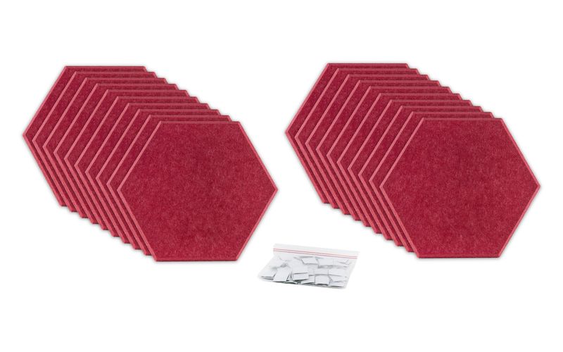ProSoCoustic ProSo-PET Hex 20-Pack Cherry includes (20) 10” hex panels each with adhesive-backed hook-and-loop mounting squares.