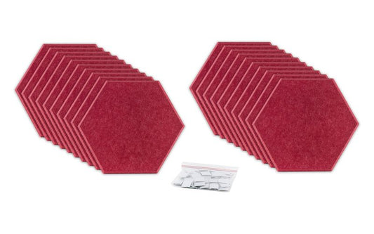 ProSoCoustic ProSo-PET Hex 20-Pack Cherry includes (20) 10” hex panels each with adhesive-backed hook-and-loop mounting squares.