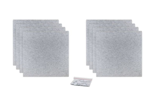 ProSoCoustic ProSo-PET 24”x24” 8-Pack Soft Gray includes (8) 24”x24” panels each with adhesive-backed hook-and-loop mounting squares.