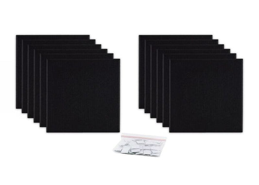 ProSoCoustic ProSo-PET 12”x12” 12-Pack Black includes (12) 12”x12” panels each with adhesive-backed hook-and-loop mounting squares.