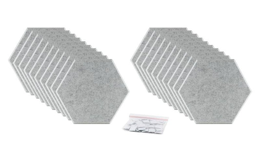 ProSoCoustic ProSo-PET Hex 20-Pack Soft Gray includes (20) 10” hex panels each with adhesive-backed hook-and-loop mounting squares.
