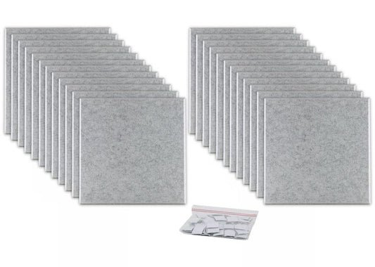 ProSoCoustic ProSo-PET 12”x12” 24-Pack Soft Gray includes (24) 12”x12” panels each with adhesive-backed hook-and-loop mounting squares.